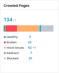 Site audit summary of 134 crawled pages split into healthy, broken and pages with issues