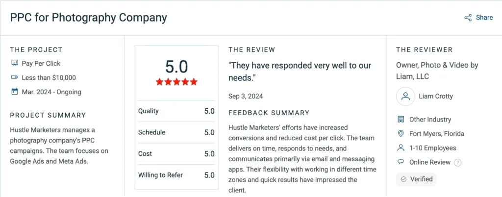 5-star Clutch review from a wedding photography company for PPC