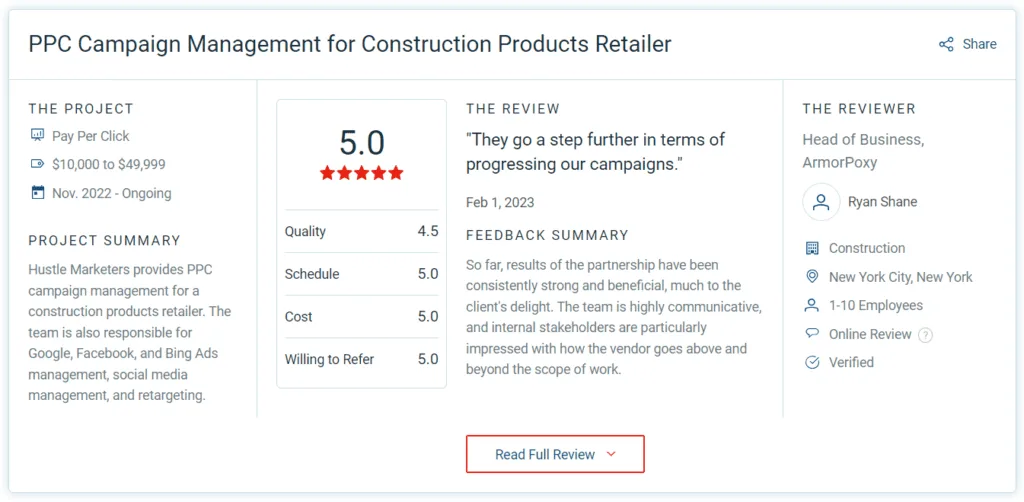 5-star Clutch review from ArmorPoxy for PPC campaign management