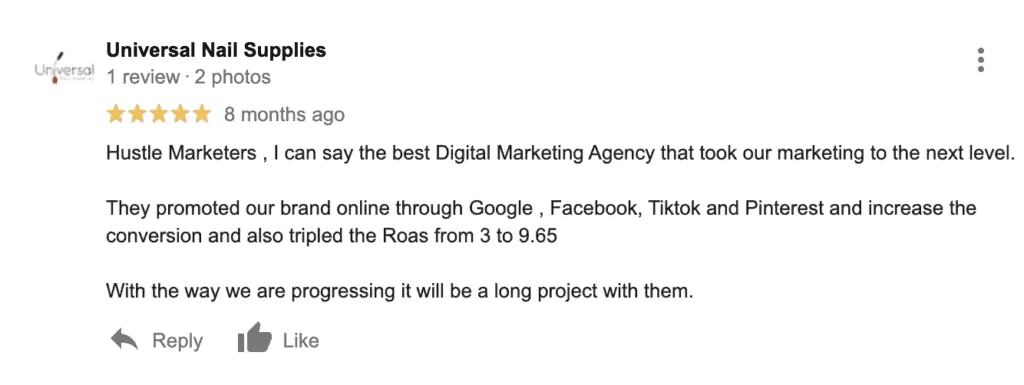 Google review from Universal Nail Supplies praising Hustle Marketers