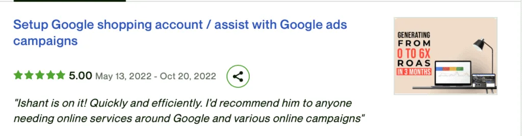 5-star Upwork client review for Google Shopping and Google Ads campaign setup