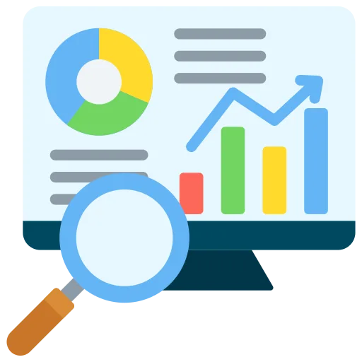 Analytics monitor with magnifying glass icon for analysis and research