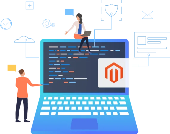 Magento developer optimizing an online store on a laptop