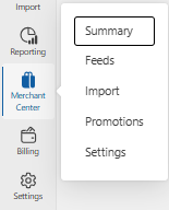 Microsoft Advertising Merchant Center navigation screenshot