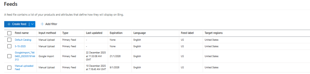 Once created, feed will show up in the Bing Merchant Center platform