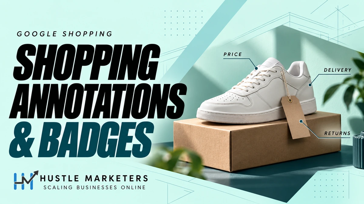 Shopping annotations and badges cover showing an illustrative unbranded sneaker, shipping box and product tag with price, delivery and returns topic labels.