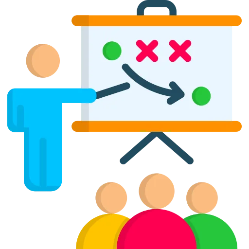 Strategy presentation icon with a team planning moves