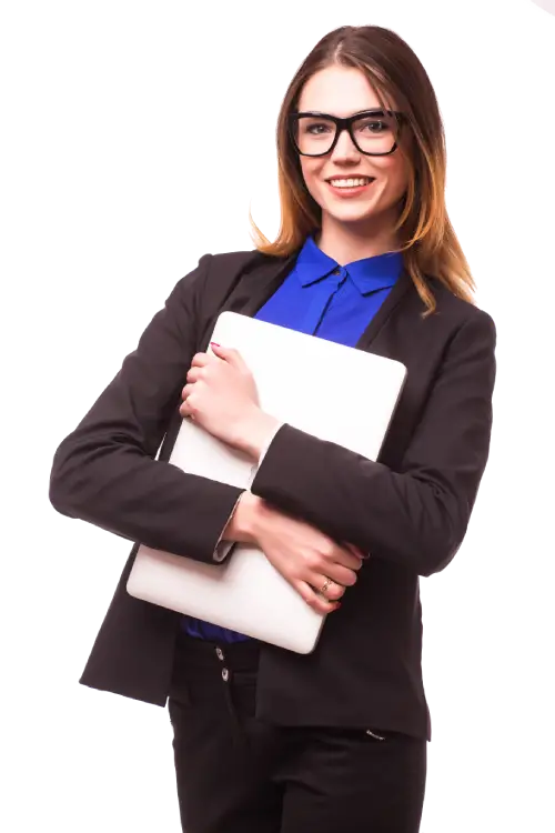 Successful Business Woman is Standing Isolated Pon White Wall