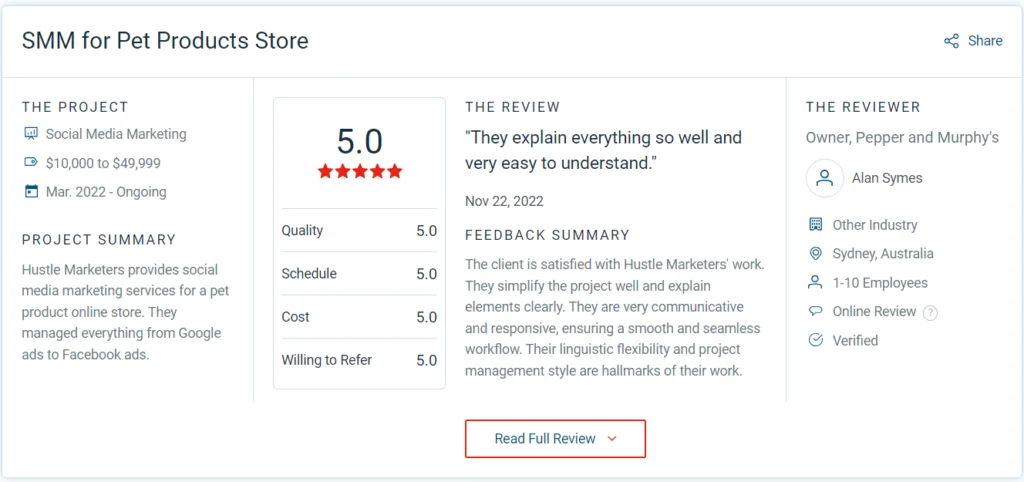 5-star Clutch review from Pepper and Murphy for pet products social media marketing