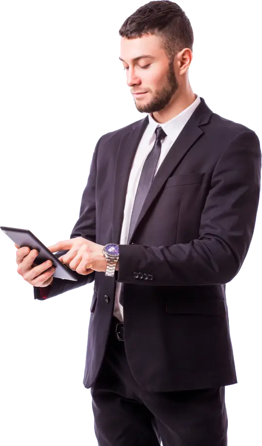 Young Businessman Holding Digital Tablet Isolated White Wall