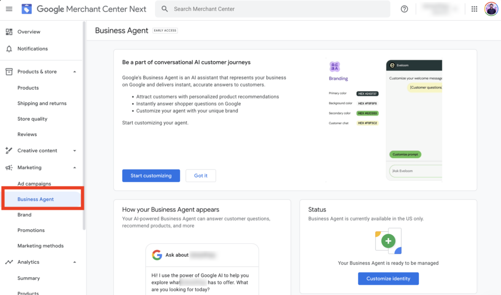 Business agent in Merchant Center to begin your setup stage