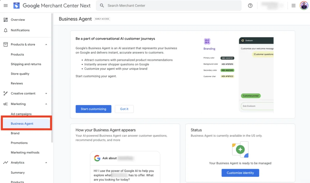 Business agent in Merchant Center to begin your setup stage