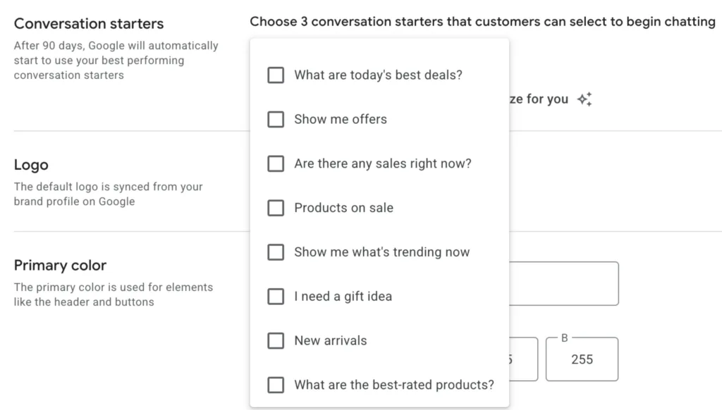 Business Agent in Merchant Center conversation starters