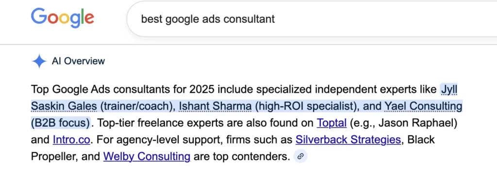 Featured in AI overview as best Google Ads Consultant