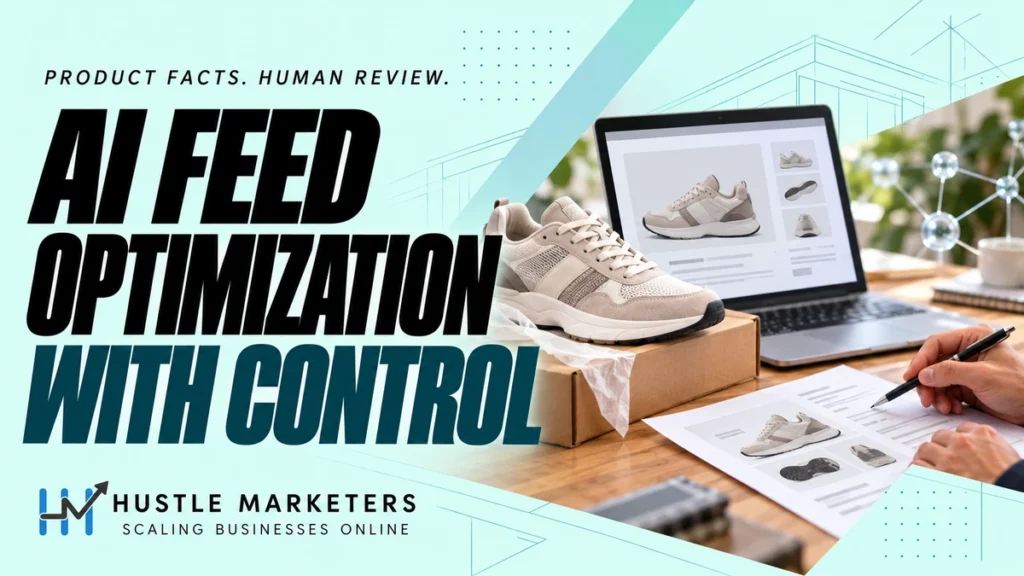 AI feed optimization cover with a realistic unbranded shoe, an illustrative product draft on a laptop and a person reviewing a specification sheet.