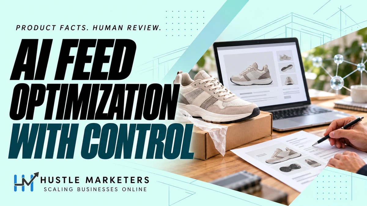AI feed optimization cover with a realistic unbranded shoe, an illustrative product draft on a laptop and a person reviewing a specification sheet.