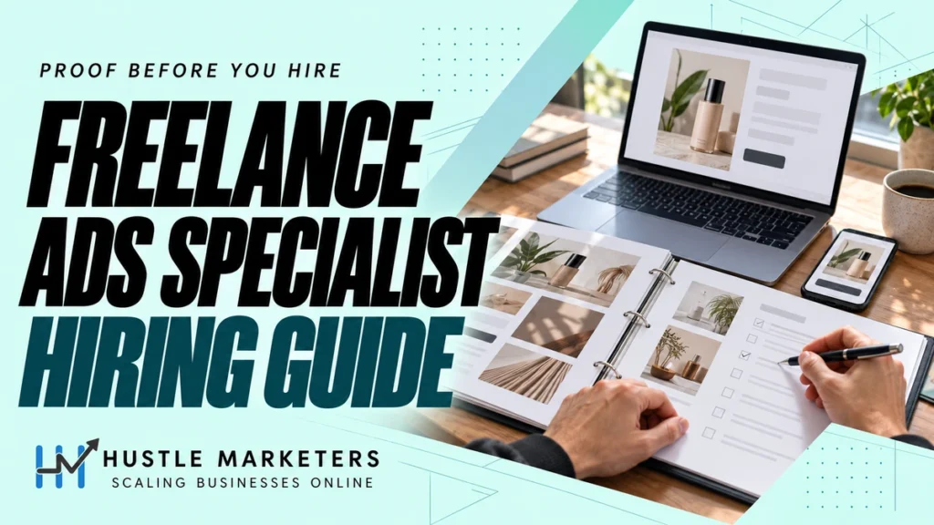 Freelance ads specialist hiring guide cover with an illustrative portfolio binder, laptop and phone creative mockups and anonymous hands reviewing a checklist.