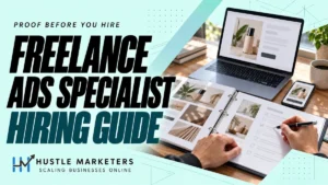 Freelance ads specialist hiring guide cover with an illustrative portfolio binder, laptop and phone creative mockups and anonymous hands reviewing a checklist.
