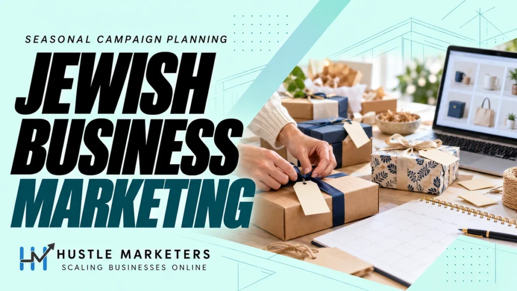Jewish business marketing cover with illustrative gift boxes, a planning calendar and product catalog on a laptop.