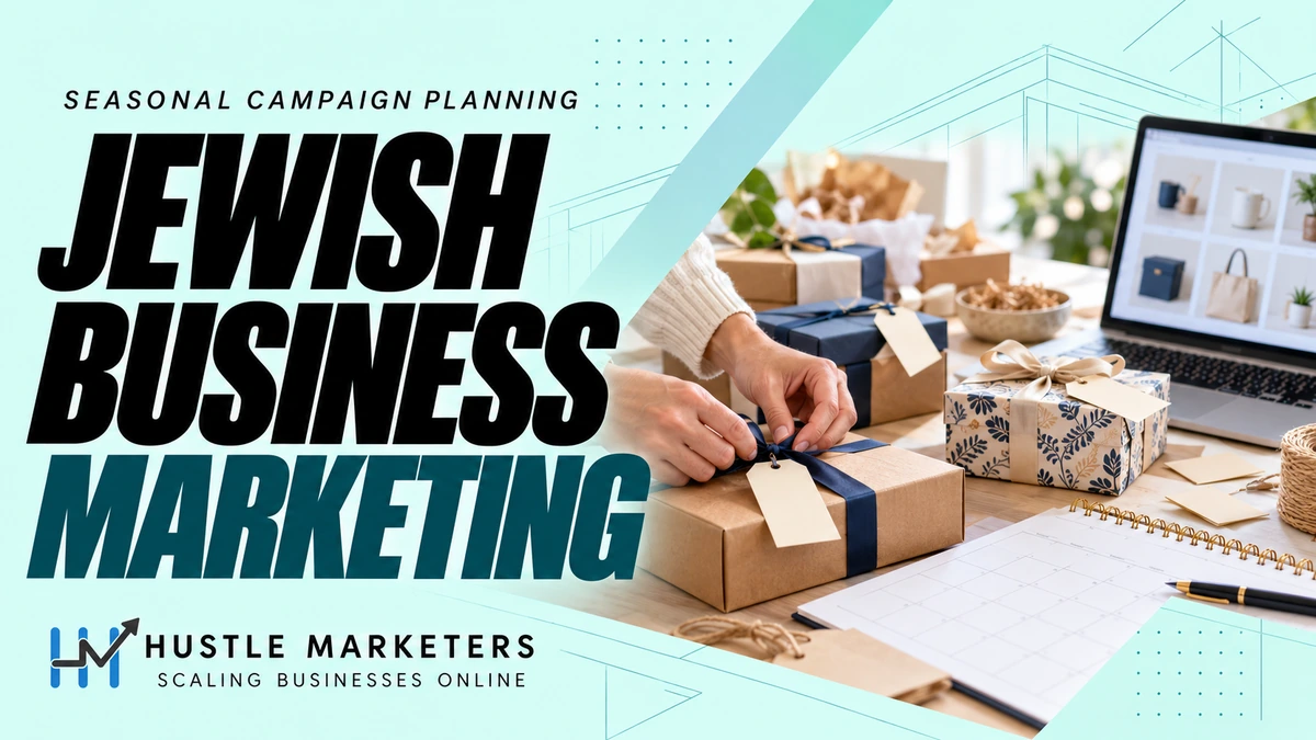 Jewish business marketing cover with illustrative gift boxes, a planning calendar and product catalog on a laptop.