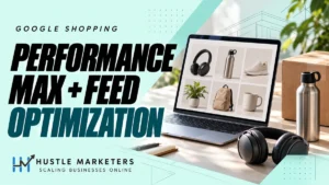 Performance Max and feed optimization cover with an illustrative product catalog on a laptop, headphones, a water bottle and shipping box.