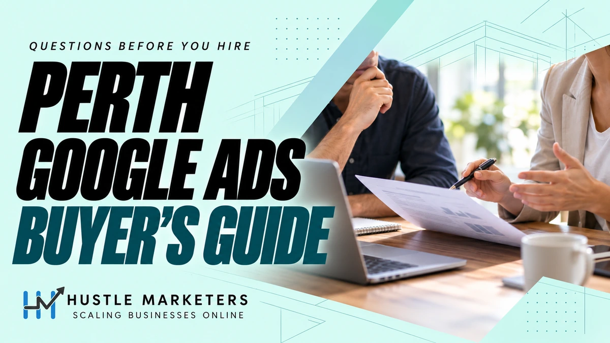 Perth Google Ads buyer guide cover with anonymous professionals reviewing an illustrative proposal during a consultation.
