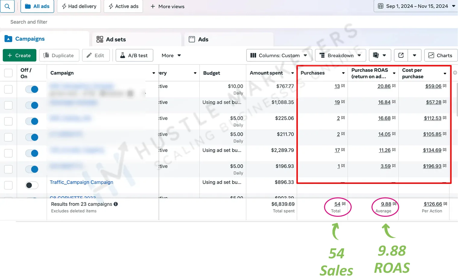 Meta Ads portfolio result with 54 sales at 9.88 ROAS