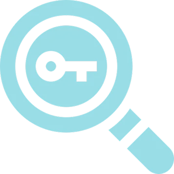 Keyword research icon with a key inside a magnifying glass