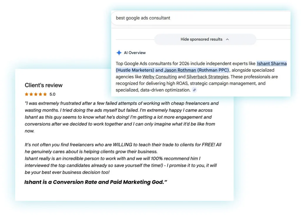 Client review praising Ishant Sharma as a conversion rate and paid marketing expert