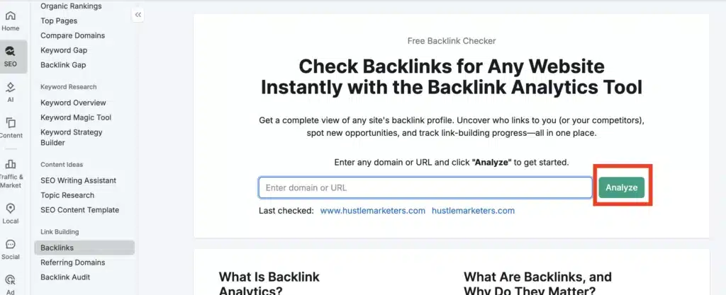 Explore the backlink analysis and check list of backlinks