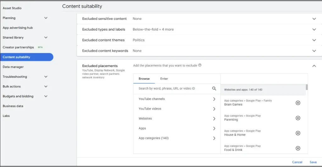 App placement exclusion list in Google Ads dashboard