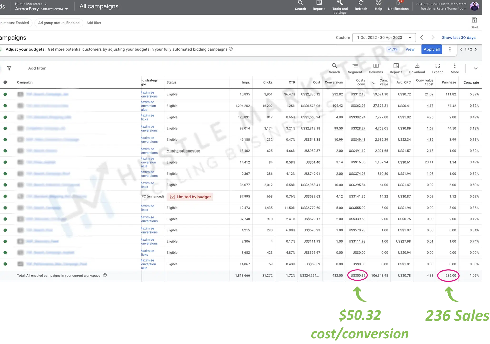 ArmorPoxy Google Ads campaigns with $50.32 cost per conversion and 236 sales
