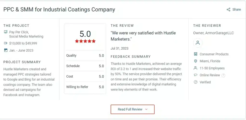 Armorgarage Client Feedback for Ishant Sharma's Google Ads Agencies impressive performance