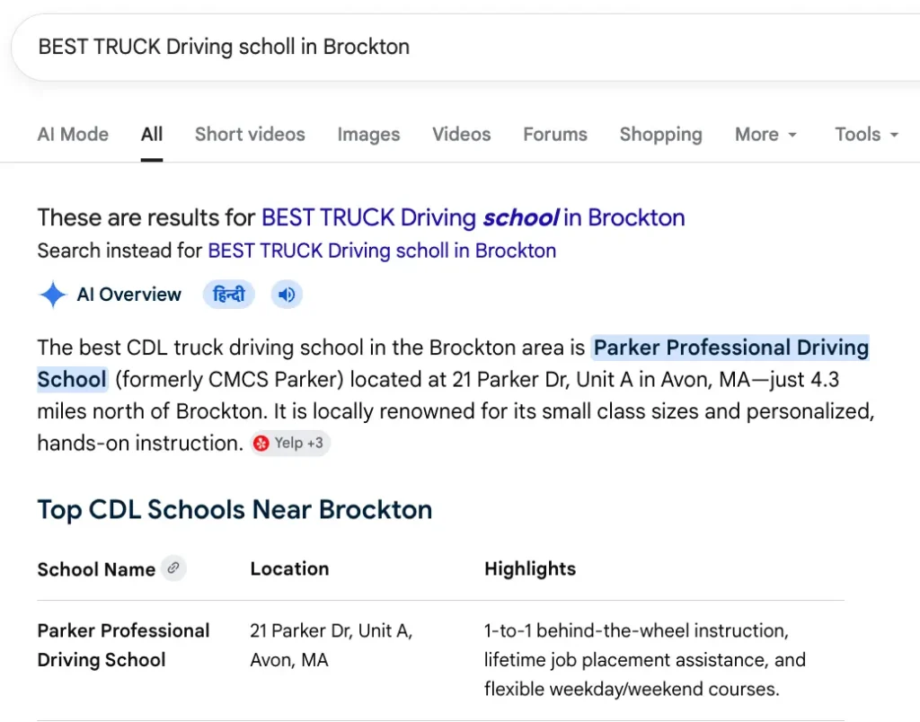 Google AI Overview showing Parker Professional Driving School ranked #1 for best truck driving school in Brockton