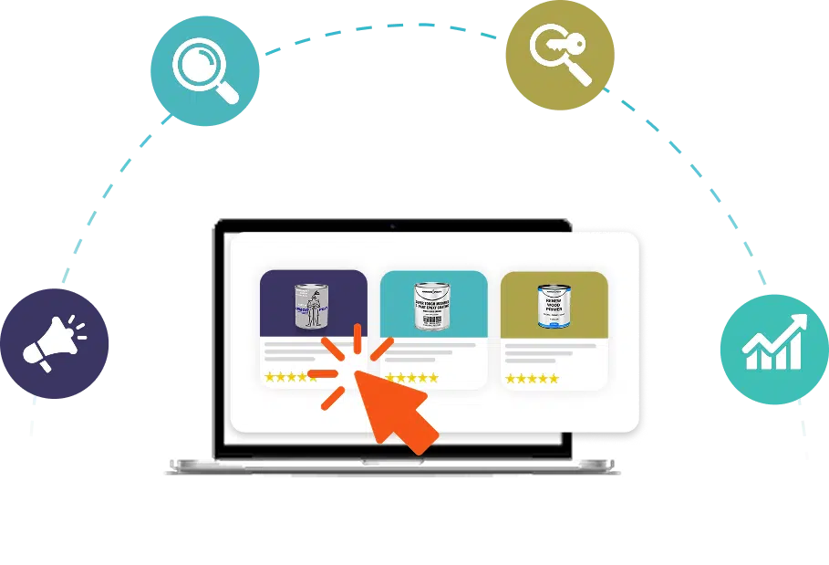 Ecommerce PPC services illustration with product ads, search, promotion and growth icons