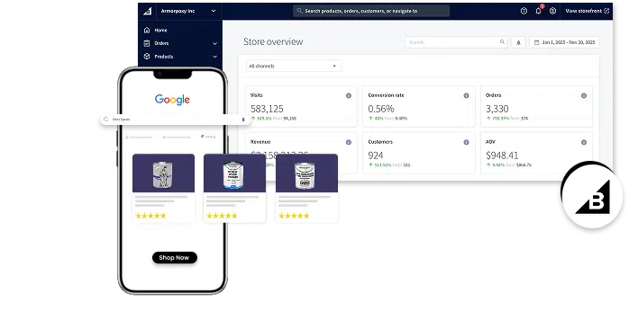 BigCommerce store dashboard with Google Shopping product listings on mobile