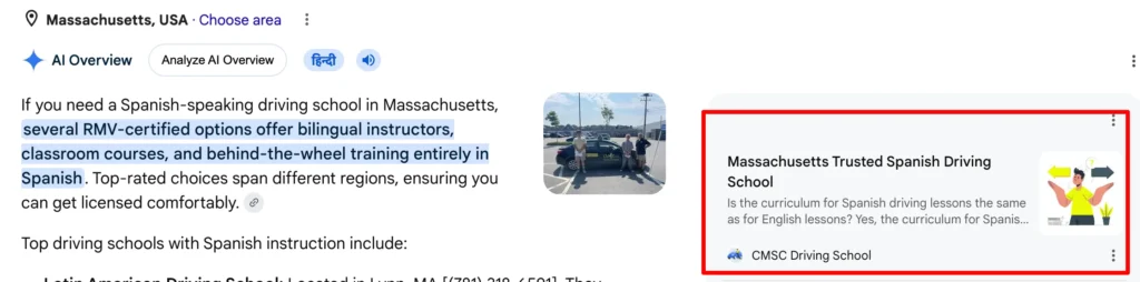 AI overview results achieved by Hustle Marketers with SEO for Driving Schools