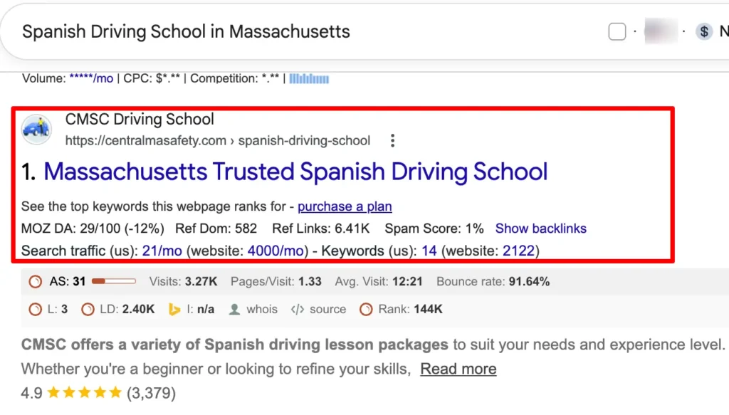 Ranked driving School in Massachusetts on #1 Page on Google
