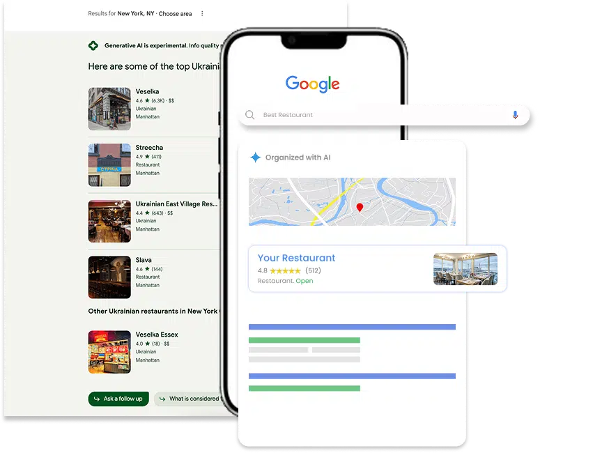 Restaurant featured in AI search answers and Google results on mobile