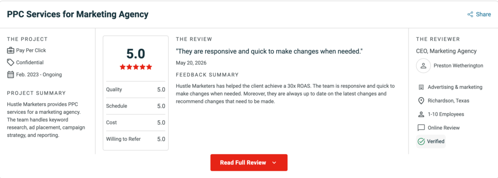 Clutch review screenshot showing 5.0 rating for PPC Services for Marketing Agency by Hustle Marketers – verified review from Preston Wetherington, CEO, Richardson, Texas