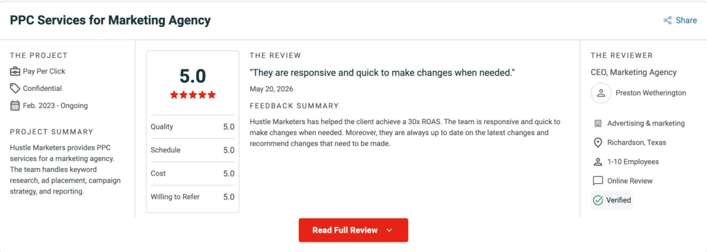 Clutch review screenshot showing 5.0 rating for PPC Services for Marketing Agency by Hustle Marketers – verified review from Preston Wetherington, CEO, Richardson, Texas