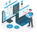 Ecommerce web design illustration of a designer building a data-driven online store