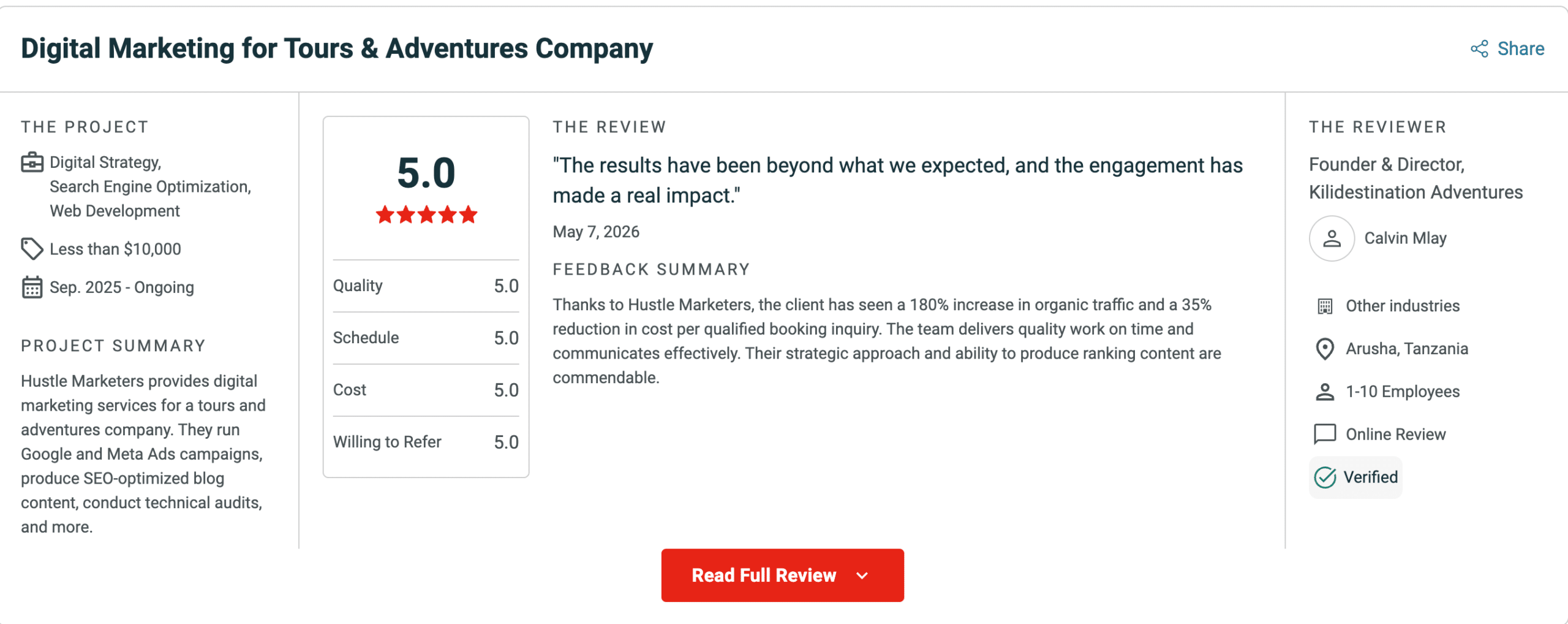 Tanzania safari SEO case study - KiliDestination Adventures Clutch Review 5.0 Rating 180% Organic Traffic Growth