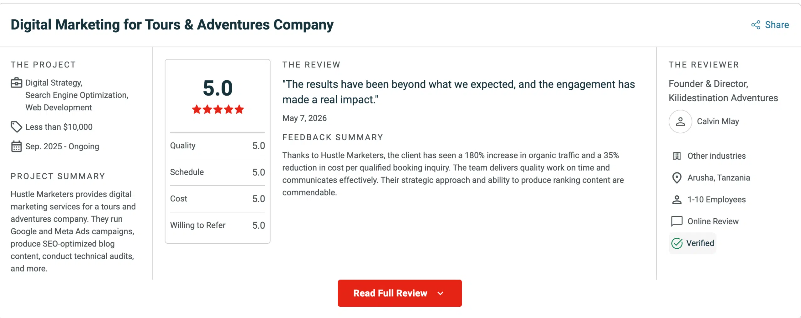 Tanzania safari SEO case study - KiliDestination Adventures Clutch Review 5.0 Rating 180% Organic Traffic Growth