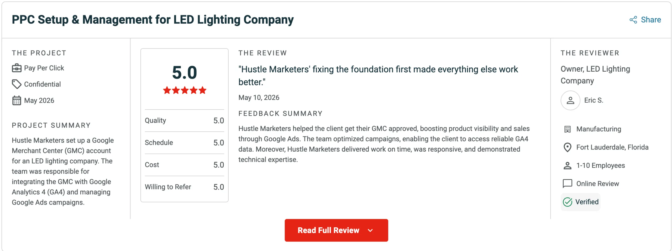 PPC Setup & Management for LED Lighting Company - 5-Star Clutch Review