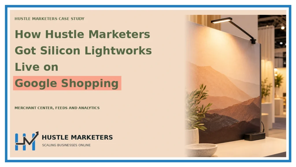Case study cover: How Hustle Marketers. Got Silicon Lightworks. Live on. Google Shopping. MERCHANT CENTER, FEEDS AND ANALYTICS. Topic scene is illustrative.