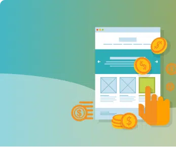 Website mockup with coins and a hand cursor, access to senior-level marketing expertise