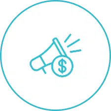 Ecommerce PPC strategy step icon with a megaphone and dollar sign