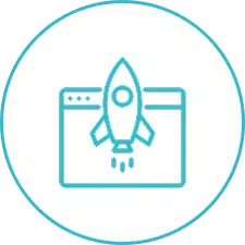 Agile optimization step icon with a rocket launching from a browser window
