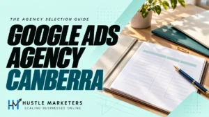 Google Ads Agency Canberra cover showing an open cream proposal portfolio, blank comparison worksheet, teal and cream folders, blue fountain pen, and brass paperclip.